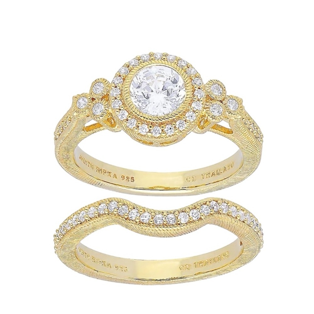 Judith Ripka 3.26ctw Round Bella Luce 14k Gold Clad Halo Ring Set Size 5 NWT